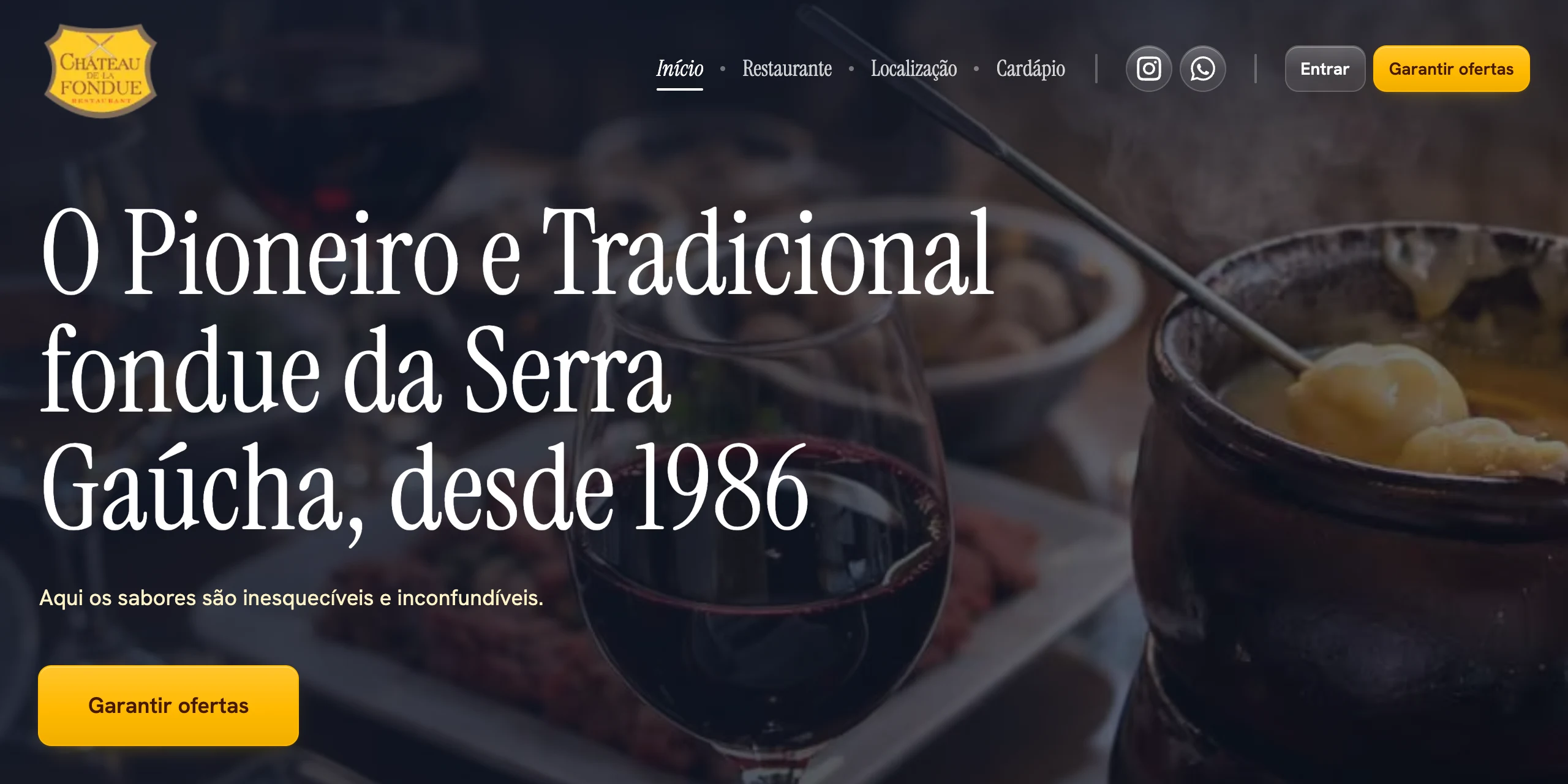 Site do Chateau de La Fondue feito pelo TagFood, com a foto do restaurante e o botão Garantir ofertas