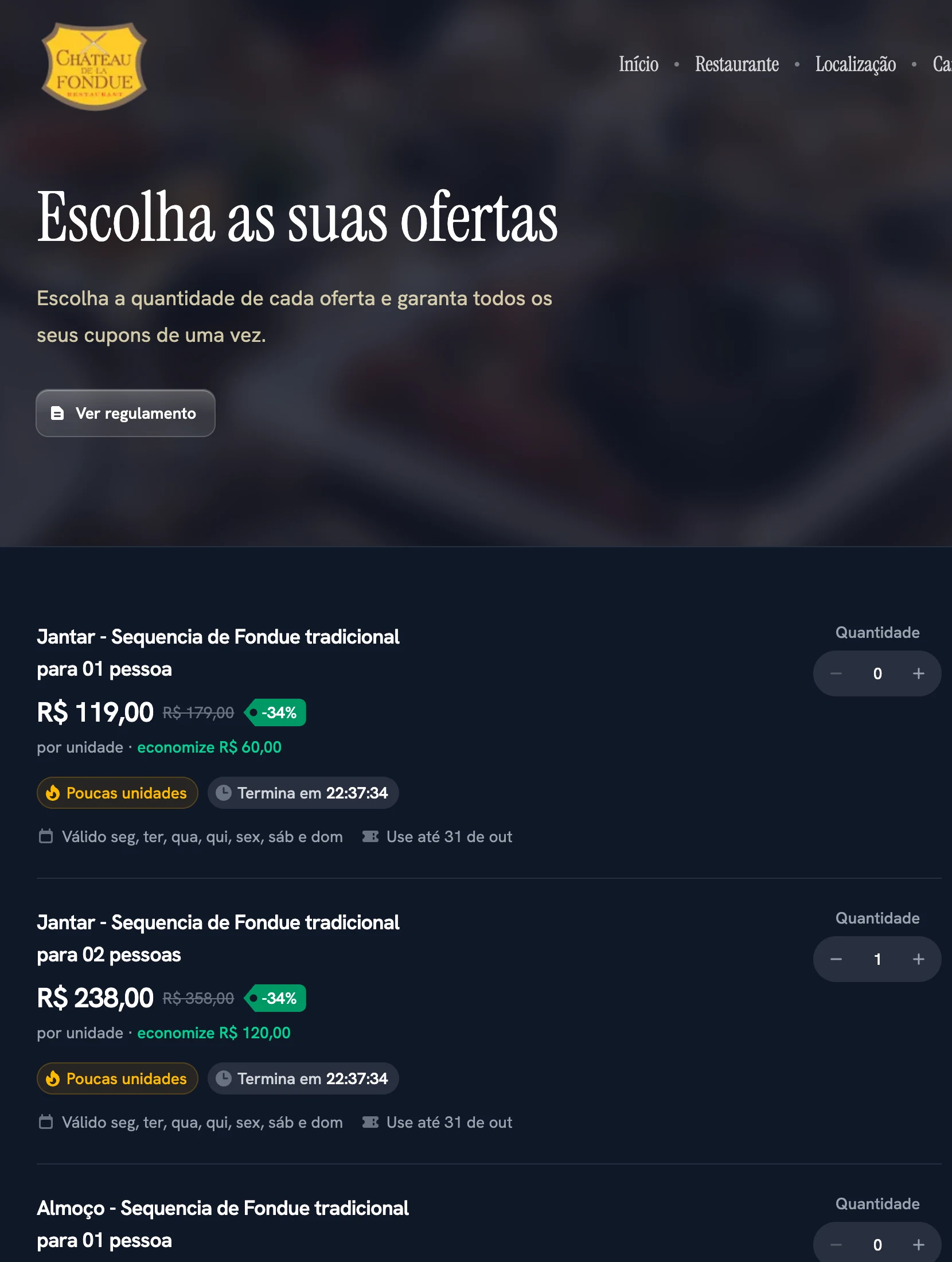 Página de ofertas do site do Chateau de La Fondue, com preço, desconto e quantidade